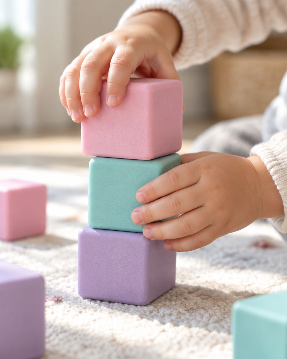 A toddler's hands stacking pink, mint and lavender soft blocks