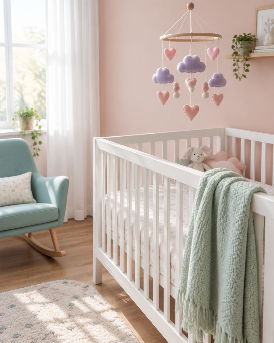 Pastel infant nook with a white crib, mint blanket and a mobile of hearts and clouds
