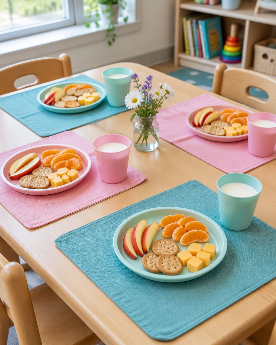 Snack table set with apple slices, oranges, crackers and cups of milk